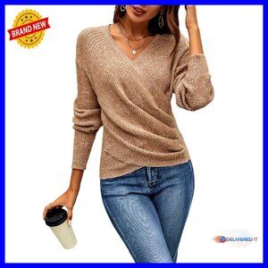 V Neck Long Sleeve Wrap Pullover Ruched Criss Cross Off Shoulder Sweater
